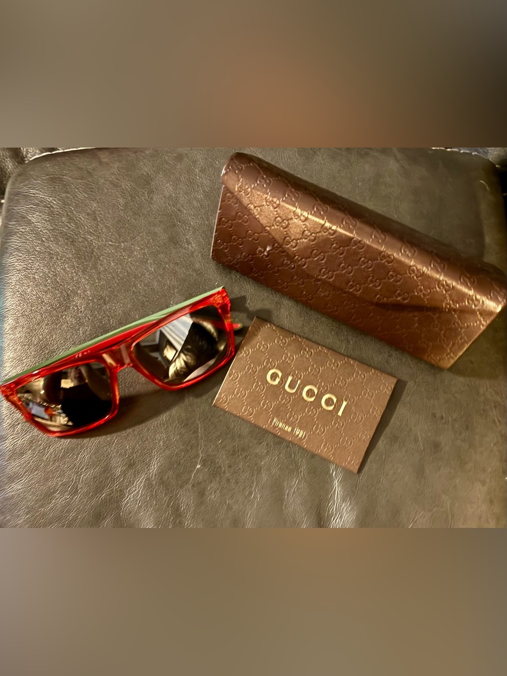 Gucci Red Frame Sunglasses with Black Lenses and Green Temple Detail